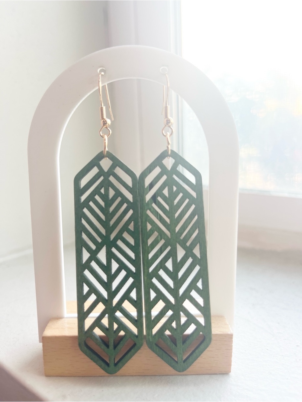 Geometric Laser-Cut Dangle Earrings in Olive Green - Picture 2 of 3